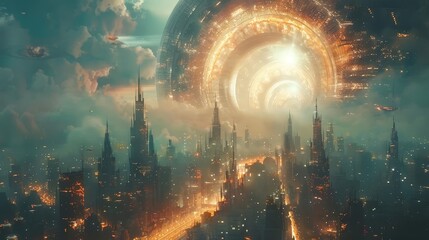Depict a futuristic cityscape with a wormhole portal in the sky, allowing instant travel to distant planets, Close up