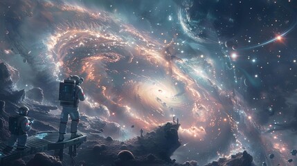 Depict a futuristic space observatory with scientists observing distant galaxies and nebulae, Close up