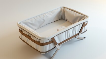 A detailed 3D render of a baby travel cot