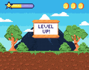 Pixel art game level up background. Retro 8 bit video game interface with Level Up text, computer game level up background. Win screen