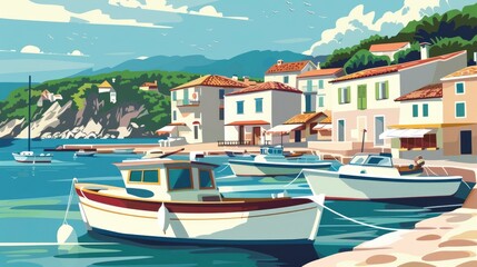Fototapeta premium Fishing Boats Anchored Close To A Quaint, Coastal Village, Cartoon ,Flat color