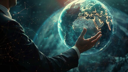 A visionary businessman extends his hand to a holographic globe, symbolizing cutting-edge global connectivity and the future of globalization. The holographic globe with digital data streams