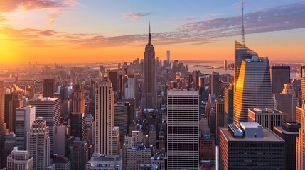 The NYC skyline at sunset features towering skyscrapers and vibrant colors, creating a breathtaking scene.