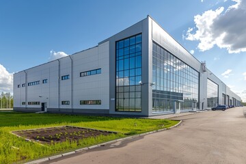 Obraz premium A gray warehouse with white walls and blue windows is located on the right side of an industrial park