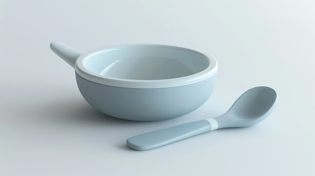 A detailed 3D render of a baby feeding spoon and bowl set