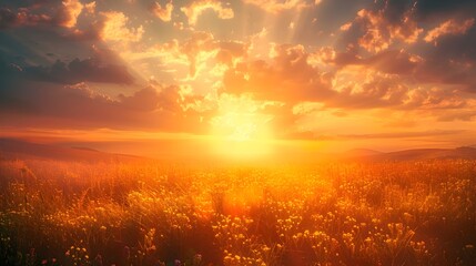 Fototapeta premium Vibrant Sunrise Over Serene Landscape Symbolizing New Beginnings and Endless Possibilities with Golden Light Illuminating the Sky and Earth