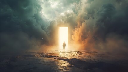 A Person Stepping Through a Bright Unknown Gateway Representing Courage to Embrace New Opportunities and Changes