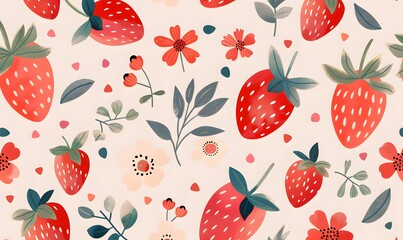cute strawberry and flower illustrations design, Generative AI