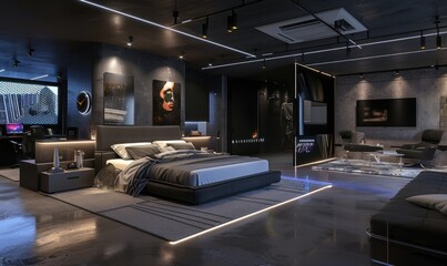 A modern industrious design bedroom with king bed. Concrete floor, LED light strip, abstract art