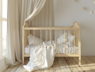 A realistic 3D render of a baby crib made of light wood with a soft pastelcolored bedding set