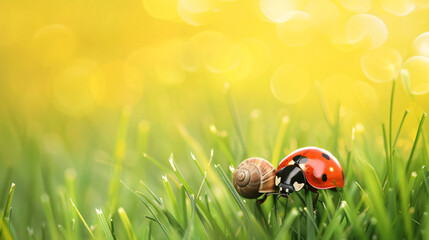 Beautiful ladybug and snail in the grass on a bright y