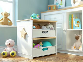 A realistic 3D render of a baby toy storage bin