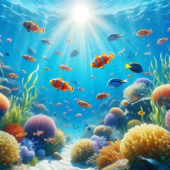 Underwater landscape featuring a variety of colorful fish and stunning coral reefs generative ai