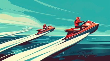 Jet Skis Racing Across The Water, Leaving White Trails Behind, Cartoon ,Flat color