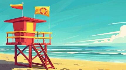 Lifeguard Tower Overlooking The Beach, Red And Yellow Flags Fluttering, Cartoon ,Flat color