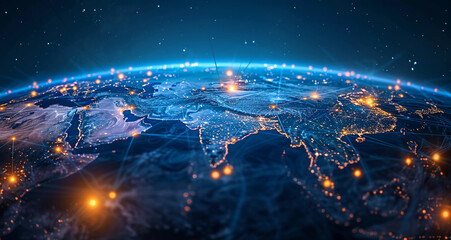 Wallpaper image of a digital world globe centered on India, concept art of technology, data transfer and connectivity