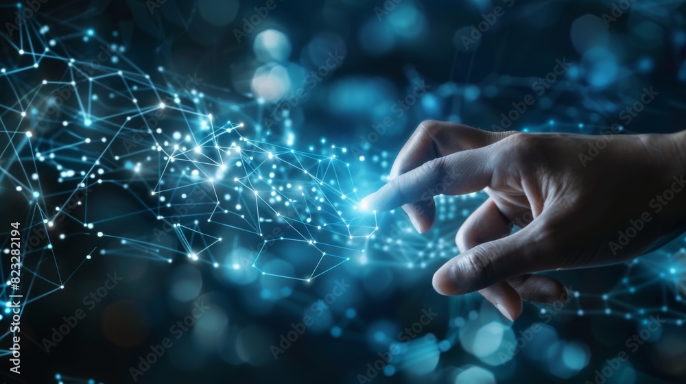 Fototapete Businessman hand touching of digital data network transformation for next generation technology on cyberspace, Internet network and digital software development, Algorithm, Metaverse and data science.