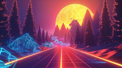 80s Futuristic Landscape With Neon Trees And Mountains, Road Leading Straight To The Sunset Sun