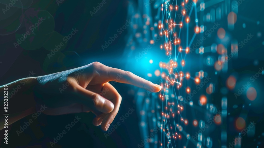 Fototapete Businessman hand touching of digital data network transformation for next generation technology on cyberspace, Internet network and digital software development, Algorithm, Metaverse and data science.