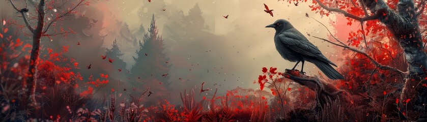 A solitary black crow perched on a branch in a misty, autumn forest with vibrant red leaves, creating a mysterious and eerie atmosphere.