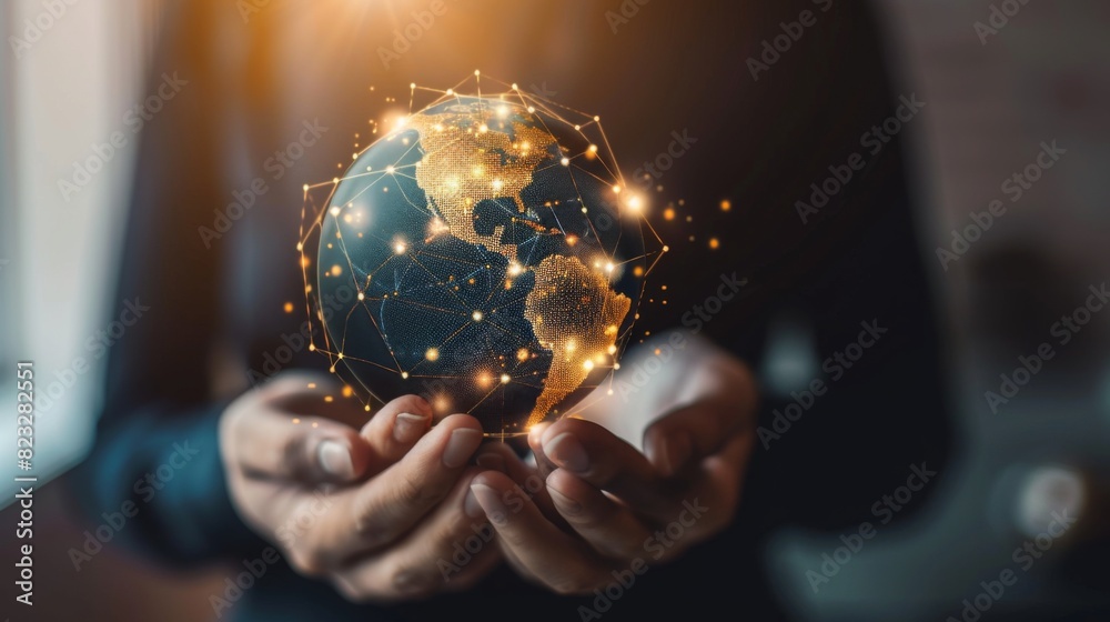 Aufkleber Businessman holding global network connection on social networking and customer data analytics,