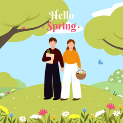 Hello Spring template. Happy family on picnic. Vector illustration EPS10