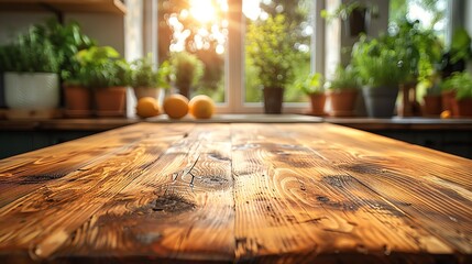 The wooden tabletop has light shining on it.