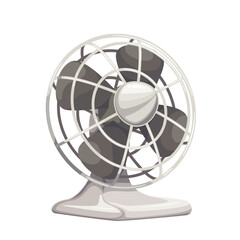 Obraz premium White portable fan for desk, cartoon electric appliance. Table ventilator with blades to cool air and ventilate room, cooling equipment mascot, cartoon fan with propeller and bars vector illustration