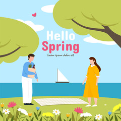 Hello Spring template. Happy family on picnic. Vector illustration EPS10