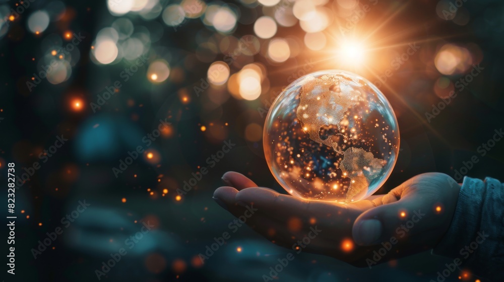 Poster businessman holding light blub with virtual global internet connection. global internet connection a