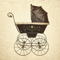 Retro styled sepia image of a vintage baby carriage