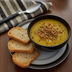 Pumpkin cream with garlic served with three pieces of toast in a black bowl