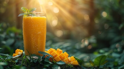 Refreshing mango smoothie served in a glass with mint leaves, surrounded by mango cubes in a lush garden setting with sunlight background.
