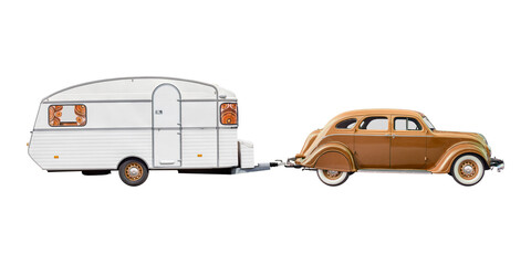 Vintage brown luxury classic car with old white caravan