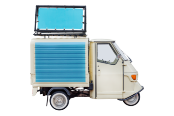 Vintage Italian three wheeled scooter van with advertising banner on the roof