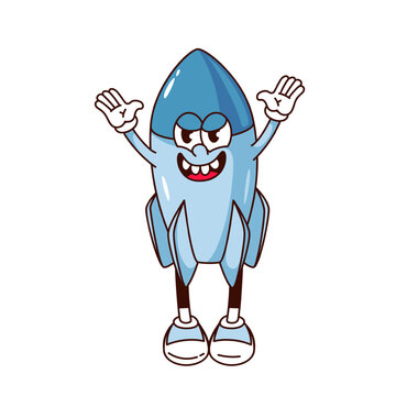 recommend clip art: Groovy nuclear rocket cartoon character with funky smile and hands up. Funny retro air bomb showing teeth smiling, military attack mascot, cartoon rocket sticker of 70s 80s style vector illustration