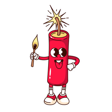 recommend clip art: Groovy dynamite stick cartoon character with burning wick. Funny retro TNT holding burning match to light fuse, explosion risk mascot, cartoon dynamite sticker of 70s 80s style vector illustration