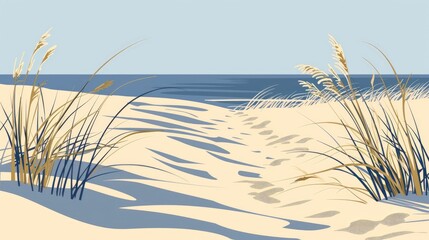 Sand Dunes With Tall Grass Waving In The Wind, Leading To The Ocean, Cartoon ,Flat color