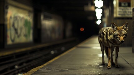A lone coyote at a deserted subway platform.
