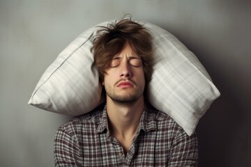 Young man in a plaid shirt naps restfully with a pillow covering his head against a neutral background