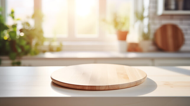 Kitchen table with a wooden round empty cutting board, blurred kitchen in the background. Round podium for displaying products and goods.