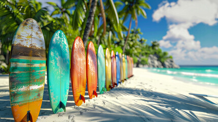 a row of surfboards that are lined up on a beach.