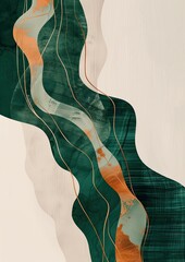 Green and Copper Print: Curves, Expressive Lines, Soft Shapes, Suspended Style, Beige Background