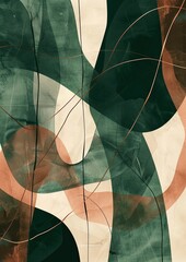 Curves and Lines Art: Emerald Green and Copper Print, Beige Background, Soft Shapes, Suspended Design