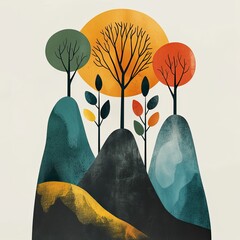 Minimalist Boho Graphic: Nature Shapes, Cubist Color Scheme, Vertical Layout, Flat Design, Happy Vibes