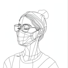 Simple Woman in Mask: Hand-Drawn Minimal Design, One-Line Style Illustration with Protective Mask