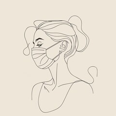 Minimalist Woman with Mask: Hand-Drawn One-Line Style Illustration in Minimal Design