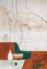 Harmonious Line Design: Modern Boho Abstract Painting, Terracotta, Green Cream
