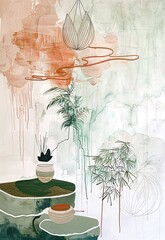 Boho Line Art: Terracotta Harmony, Modern Abstract Painting, Green Cream Accents