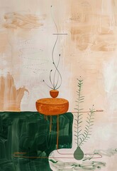 Modern Boho Abstract: Line Painting with Terracotta and Green Cream Harmony
